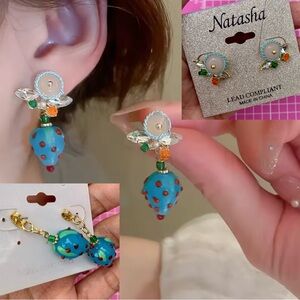 Natasha Blue Strawberry Earrings 2-way wearing 925 sterling silver post